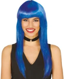 Blauwe Lange Pruik Met Pony