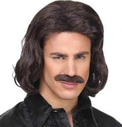 Bruine Disco Pruik Met Snor Heren