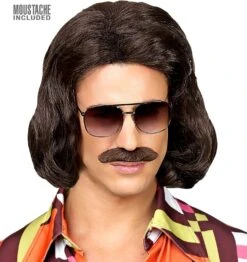 Bruine Disco Pruik Met Snor Heren -Halloween-Kostuums bruine disco pruik met snor heren 2