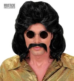 Zwarte 70s Disco Pruik Met Snor