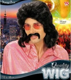 Zwarte 70s Disco Pruik Met Snor -Halloween-Kostuums zwarte 70s disco pruik met snor 2