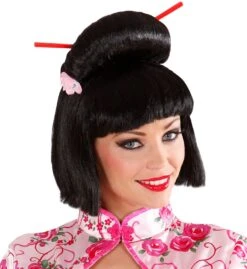 Zwarte Geisha Pruik Met Bloem En Chopsticks