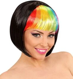 Zwarte Pruik Met Regenboog Pony -Halloween-Kostuums zwarte pruik met regenboog pony 2